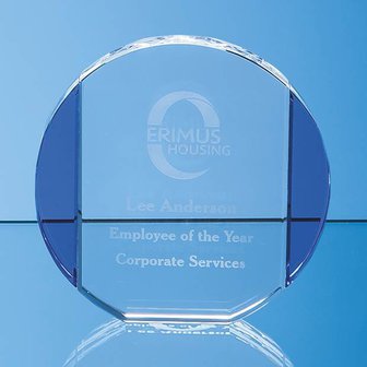 20.5cm Clear & Cobalt Blue Optical Crystal Column Circle Award