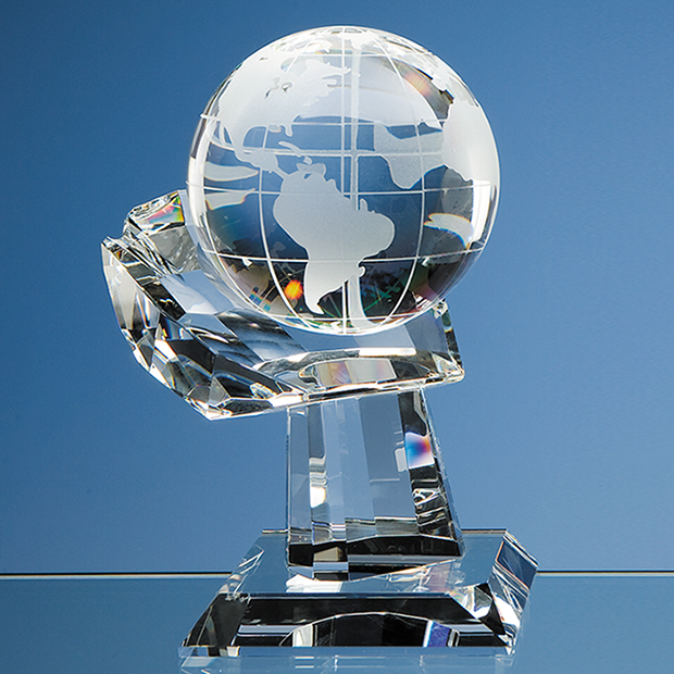 10cm Optical Crystal Globe on Mounted Hand Award
