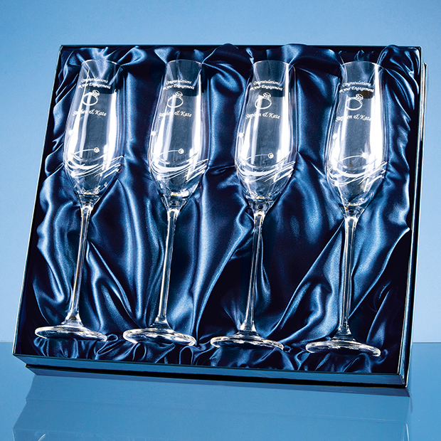 4 Diamante Champagne Flutes with Elegance Spiral Cutting in a Satin Lined Gift Box