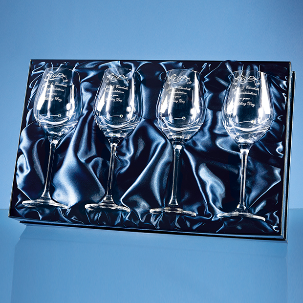 4 Diamante Wine Glasses with Elegance Spiral Cutting in a Satin Lined Gift Box
