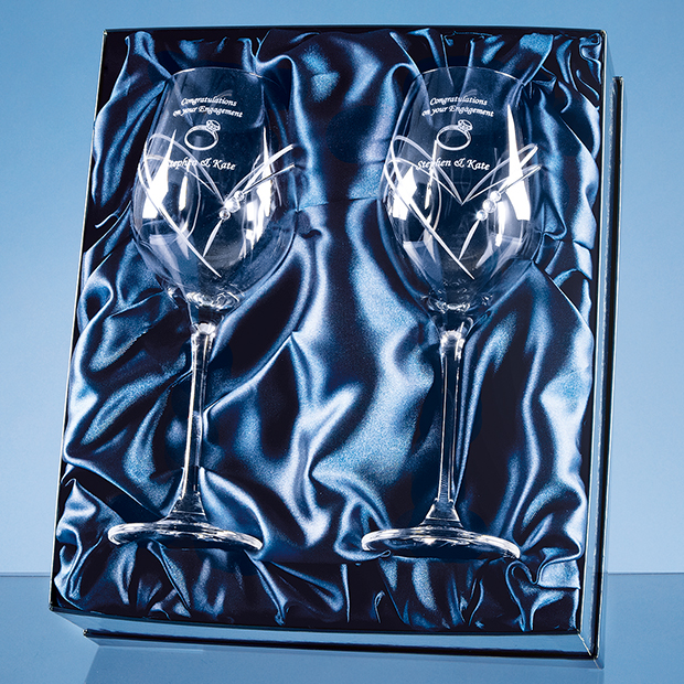 2 Diamante Wine Glasses with Heart Shaped Cutting in a Satin Lined Gift Box