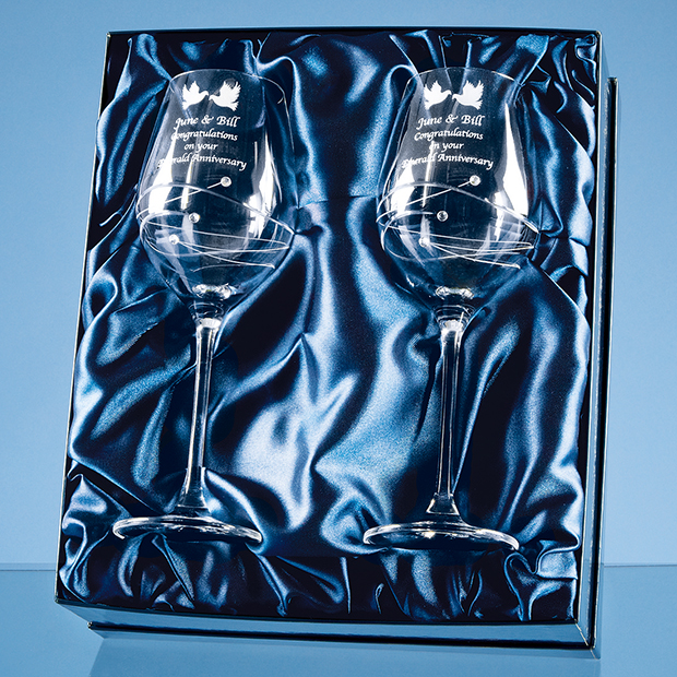 2 Diamante Wine Glasses with Spiral Design Cutting in a Satin Lined Gift Box