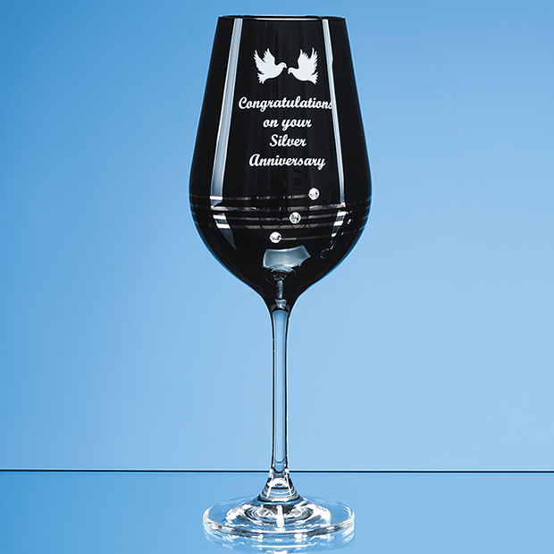 Single Onyx Black Diamante Wine Glass with Platinum Spiral Design