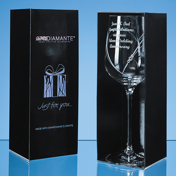 Just For You Diamante Wine Glass with Heart Shaped Cutting in an attractive Gift Box