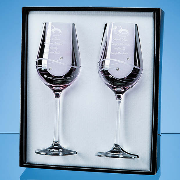 2 Pink Diamante Wine Glasses with Spiral Design Cutting in an attractive Gift Box