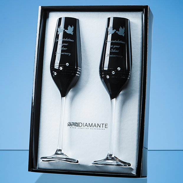 2 Onyx Black Diamante Champagne Flutes with Platinum Spiral Design in an attractive Gift Box