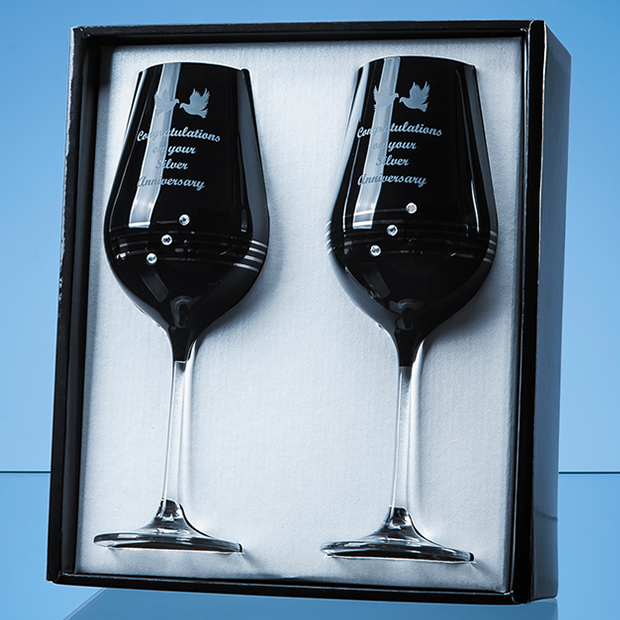 2 Onyx Black Diamante Wine Glasses with Platinum Spiral Design in an attractive Gift Box